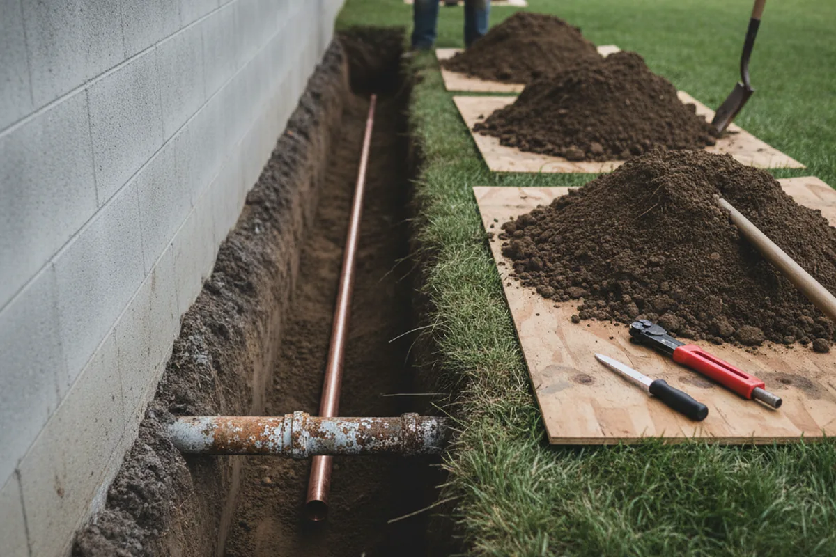 Excavated water line trench during Water Softener Installation in Mc Dade